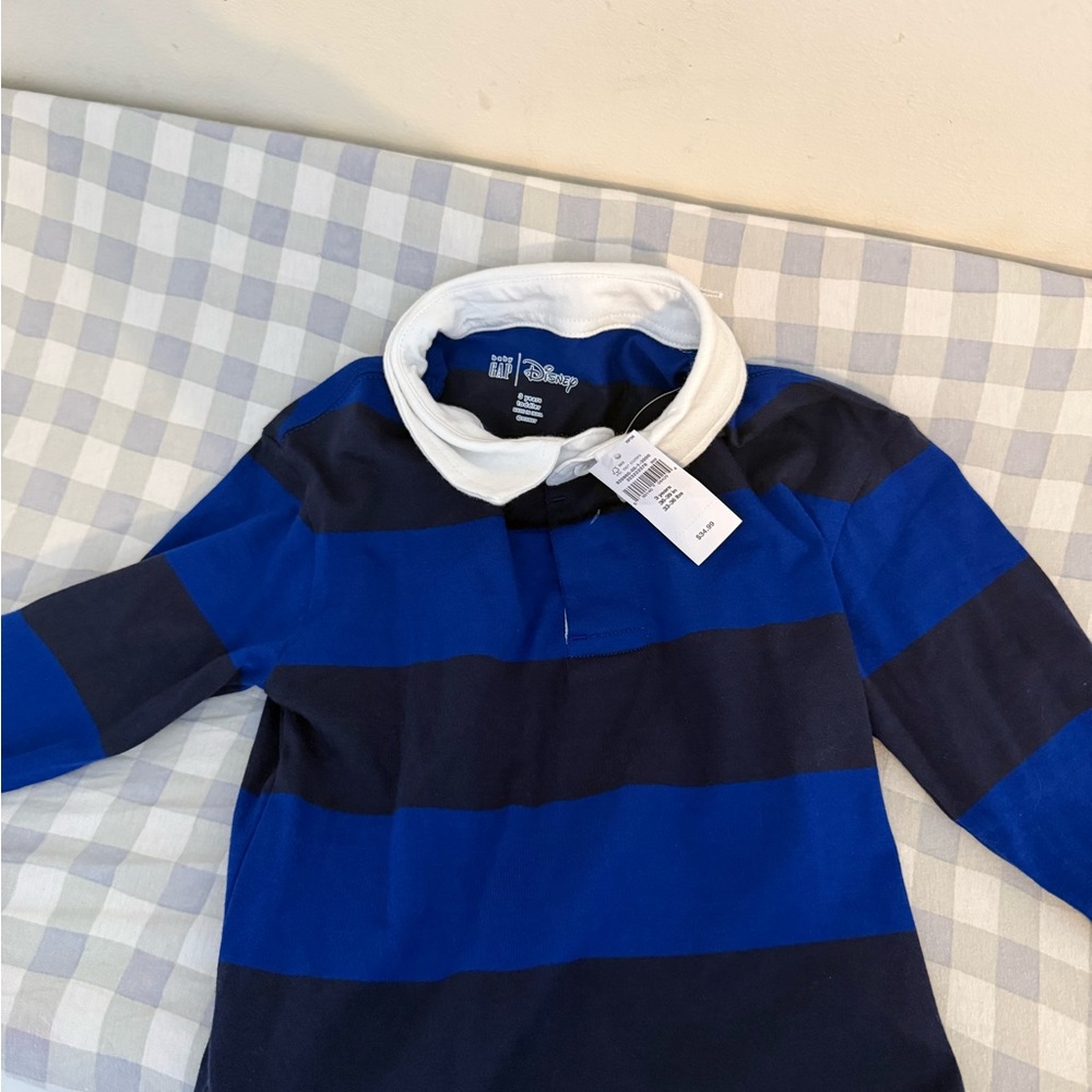 GAP Mickey Mouse Blue & Navy Striped Polo Shirt with White Collar